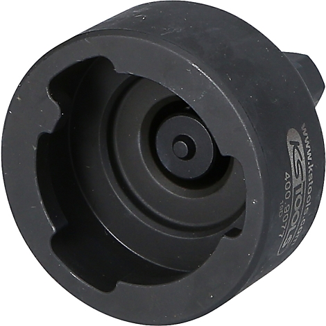 Schwarzes Spezialwerkzeug mit unregelmäßiger Innenform und Aufschrift. Blick von oben.